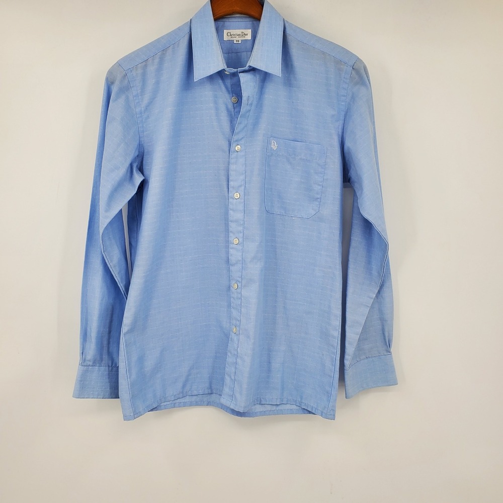 Christian Dior Jeune Homme Boys Blue Dobby Button Shirt Size 20 Vintage Logo